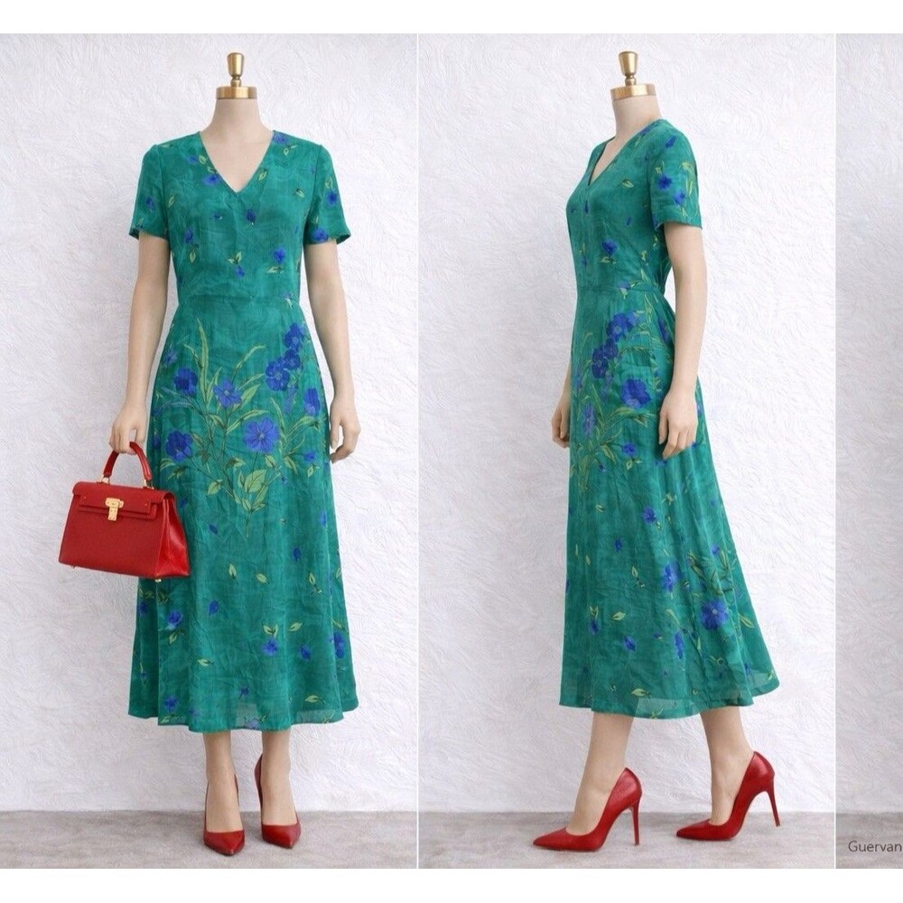 S.L.Fashion VTG Floral Dress Womens Plus Size18 Teal Blue Midi Sheath Elegant Y2